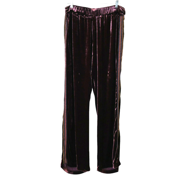 Johnny Was Velvet Wide Leg Pants Size Large Burgundy Embroidered Leg Pull On - Picture 1 of 8